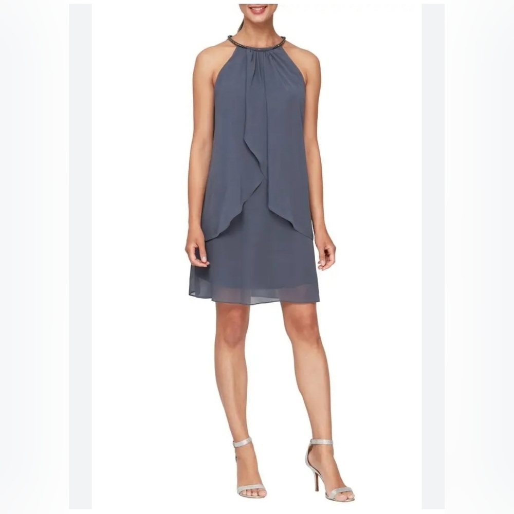 SLNY Embellished Neck Chiffon Ruffle Dress- Steel, NWT